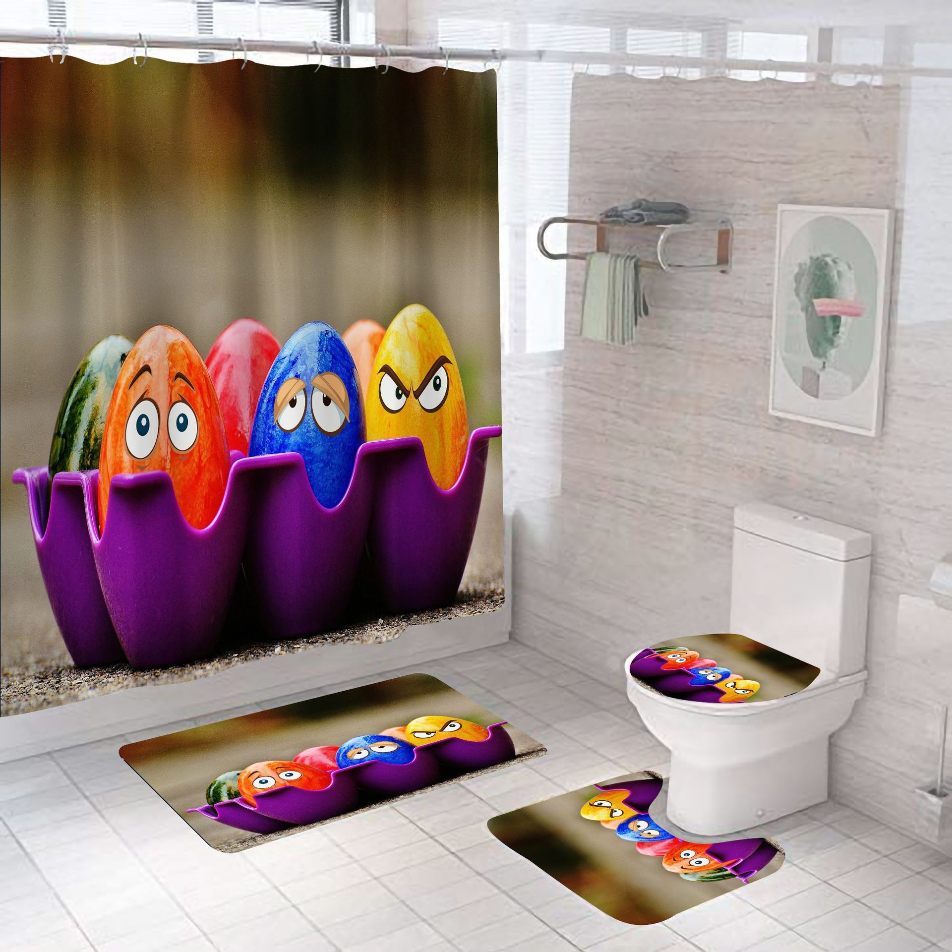 Cross-Border New Arrival Funny Colorful Egg Easter Shower Curtain Set Digital Printing Shower Curtain Punch-Free Shower Curtain Bathroom Curtain