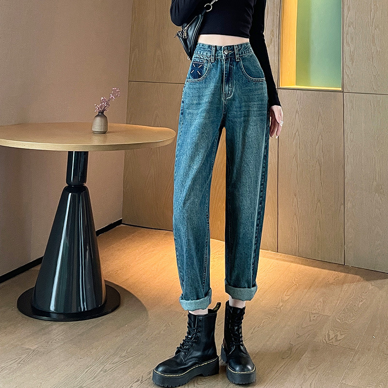 1976#牛仔老爹裤女款2024年春季新款高腰宽松休闲显瘦百搭哈伦裤