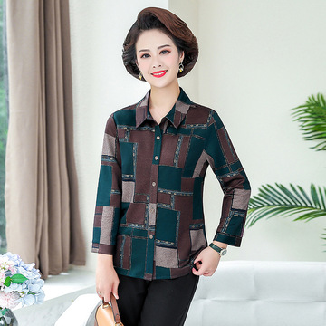 中老年女装秋季新款九分袖衬衫40岁50妈妈大码格子翻领阔太太开衫