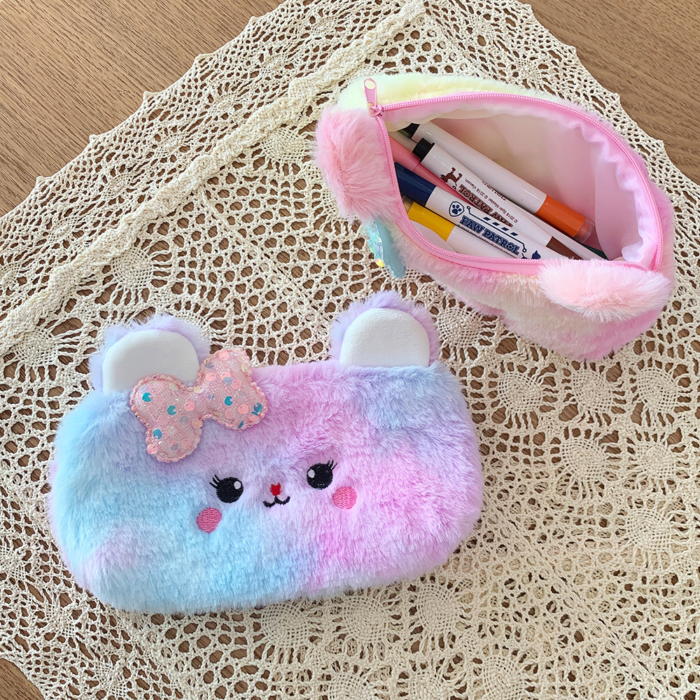 New Cute Colorful Bowknot Bear Pencil Case Plush Girl Heart Student Pencil Stationery Case Gift Wholesale