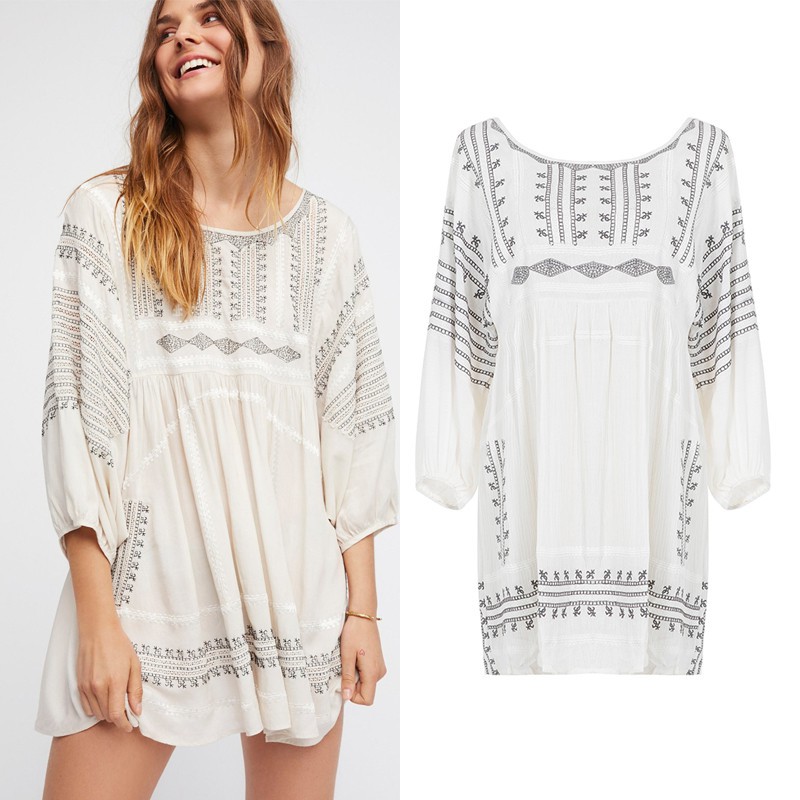 实拍 欧美新款波西米亚白色刺绣连衣裙-阿里巴巴