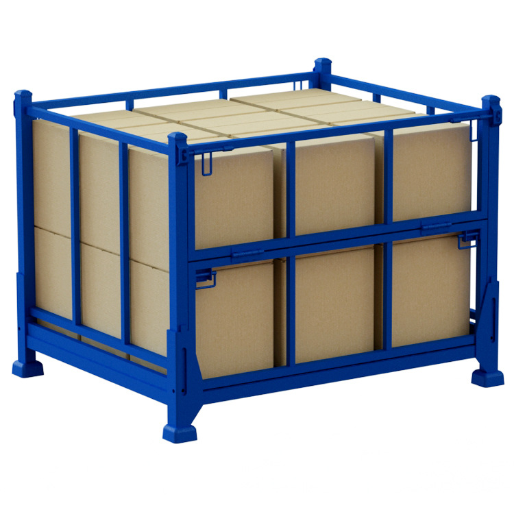 折叠式网格料箱 底部铁板侧面大网格可堆叠围栏托盘箱 纸箱铁托盘