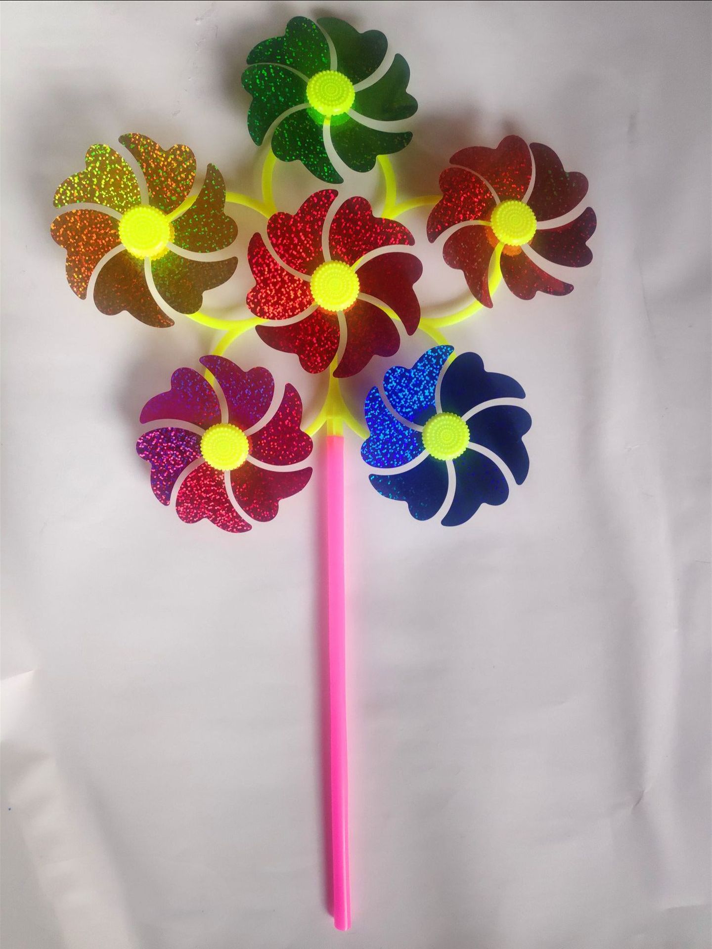 厂家玩具风车批发 六朵亮片传统小风车 上下三朵风车热销地摊玩具