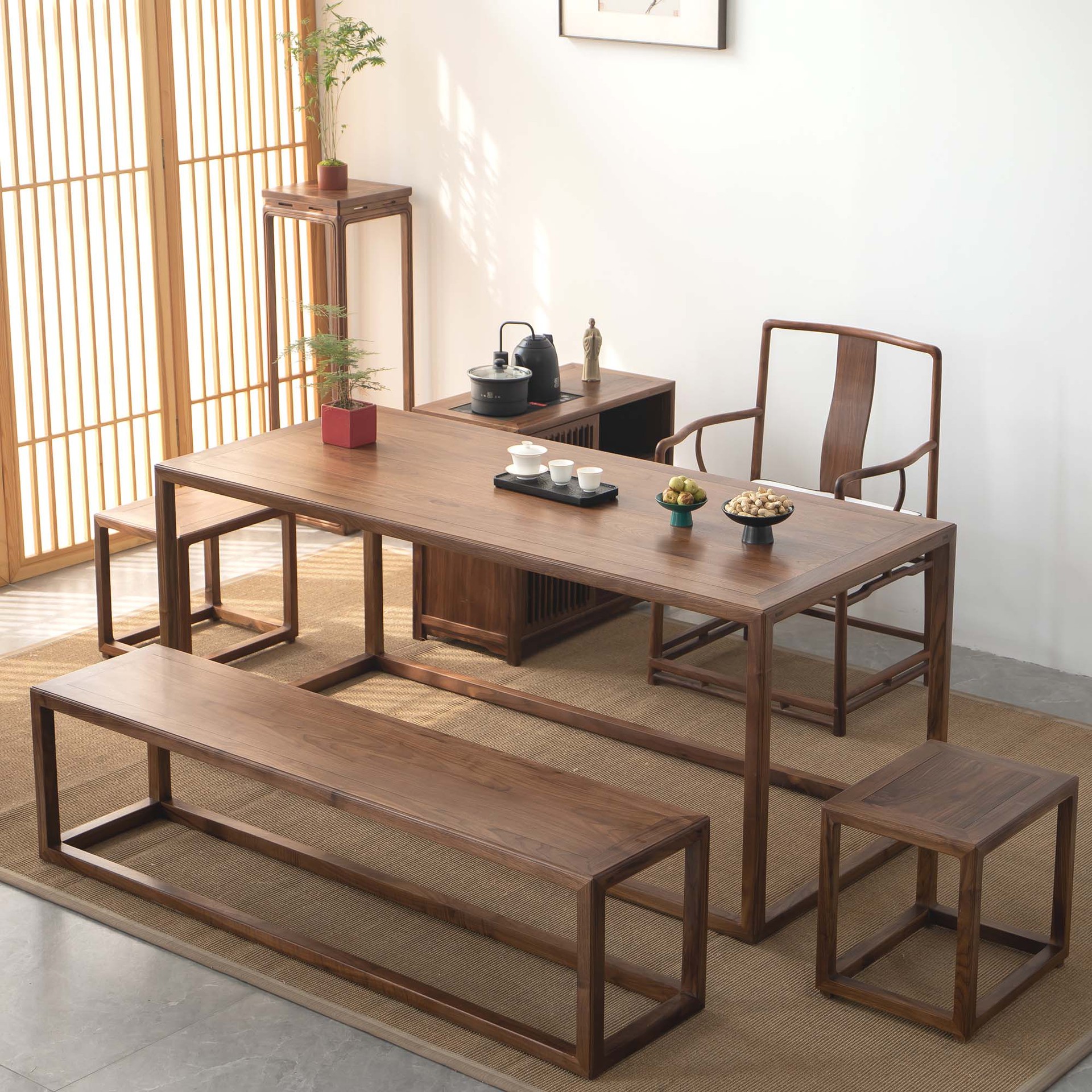 禅意新中式黑胡桃茶桌椅组合简约仿古茶桌功夫茶台老榆木实木