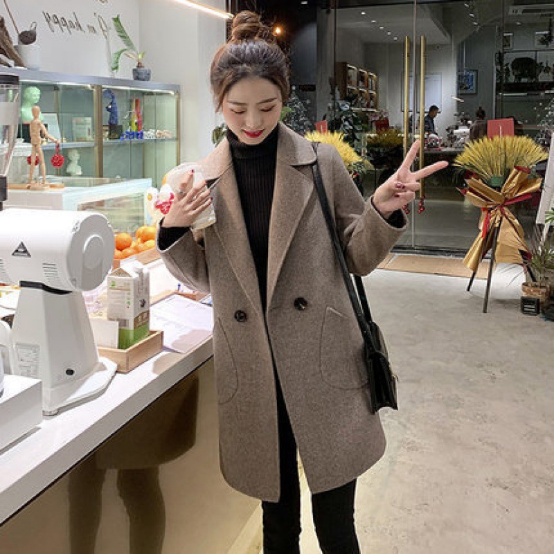 反季2021秋冬季新款小个子毛呢外套女中长款韩版短款咖色呢子大衣