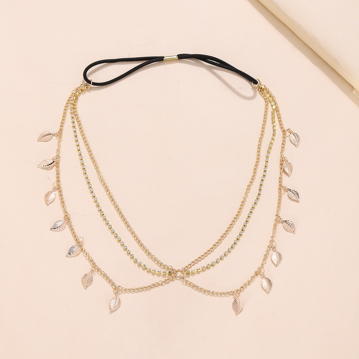 欧美流行饰品亚马逊头带镶钻链条树叶发饰多层流苏发带民族风头饰