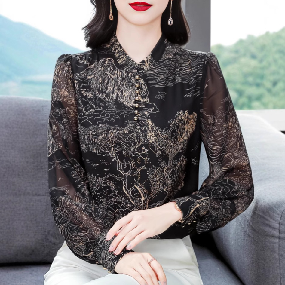 2025春季新款女装印花真丝衬衫女长袖印花上衣宽松显瘦遮肚子小衫