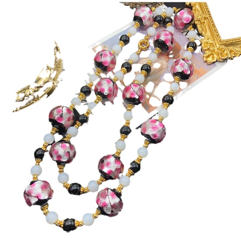 Chinese Style Cherry Blossom Pink Glass Bead Long Necklace Sweater Chain Retro Court I Temperament All-Match Accessories Female
