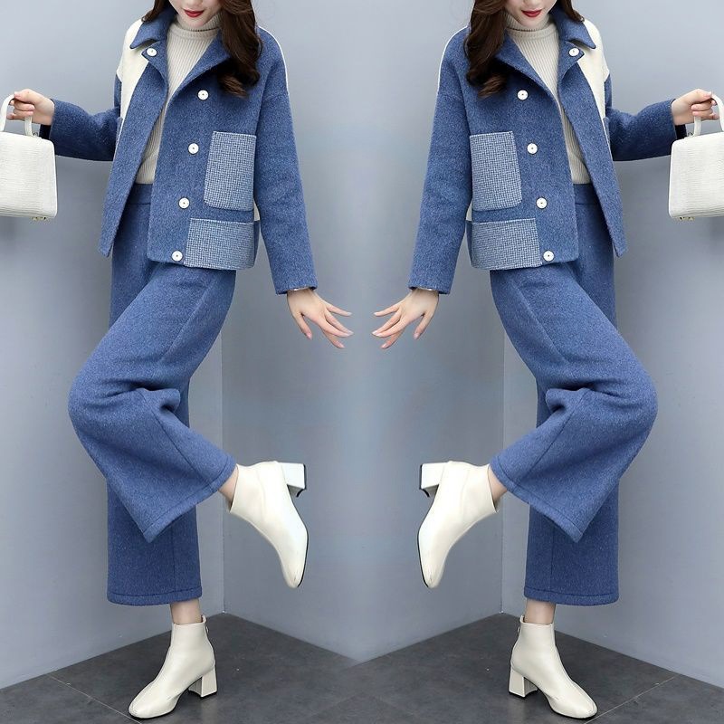 2023新款女装秋冬两件套裤大码拼接毛呢外套阔腿裤休闲时尚套装女