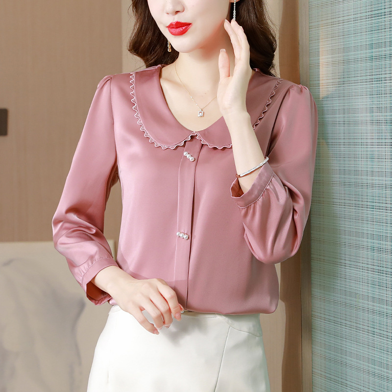 粉色雪纺衬衫女装2023夏季新款时尚优雅气质花边拼接娃娃领上衣