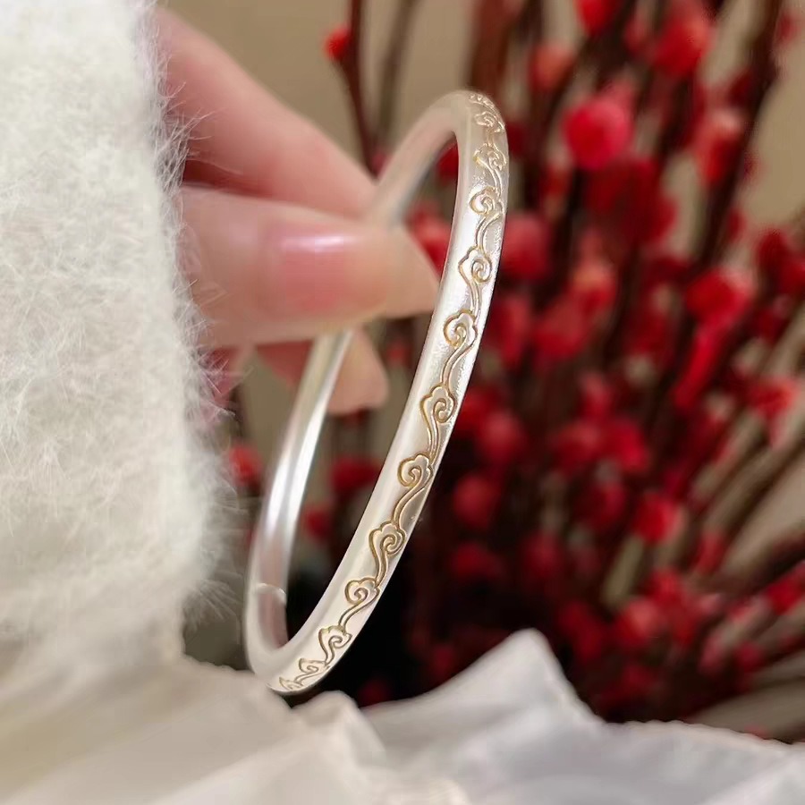 足银9999古法描金祥云纯银手镯女实心开口心经银镯子国风直播爆款