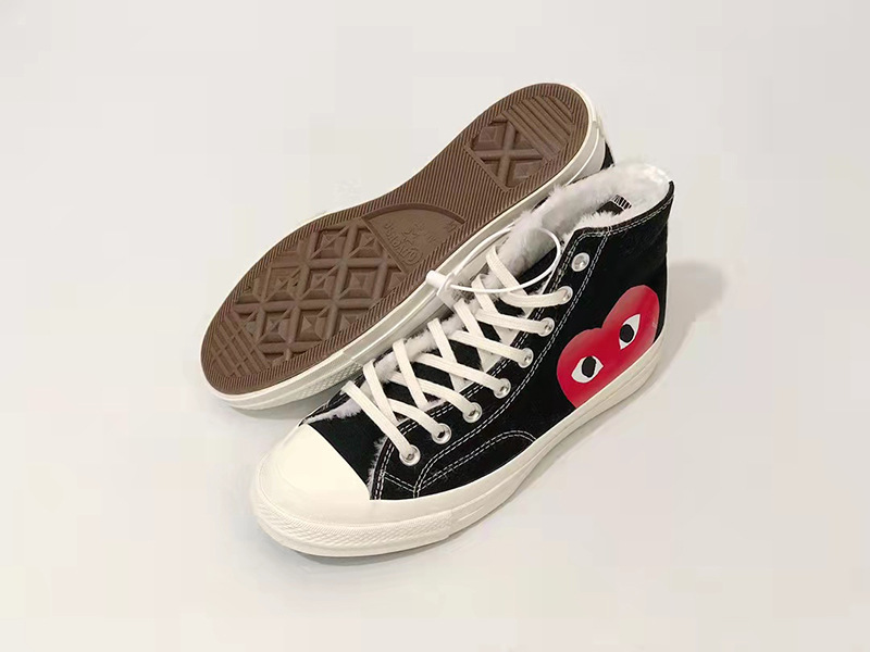 秋冬保暖川久保玲cdg play联名大眼睛加绒黑色高帮帆布情侣鞋棉鞋