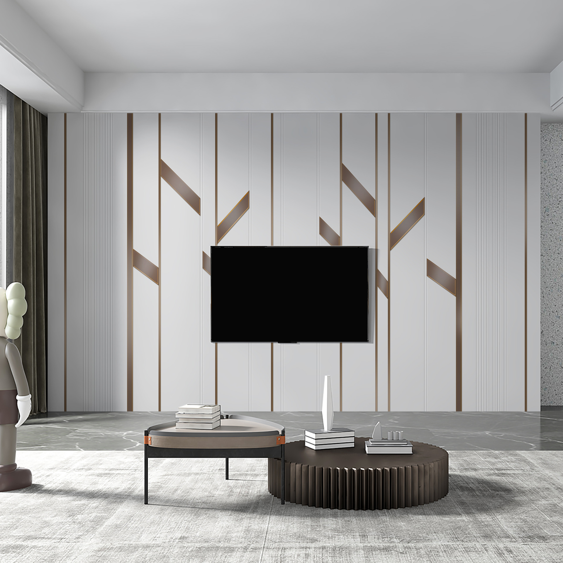 电视背景墙壁纸墙布2021新款装饰客厅简约轻奢风线条格栅影视壁画