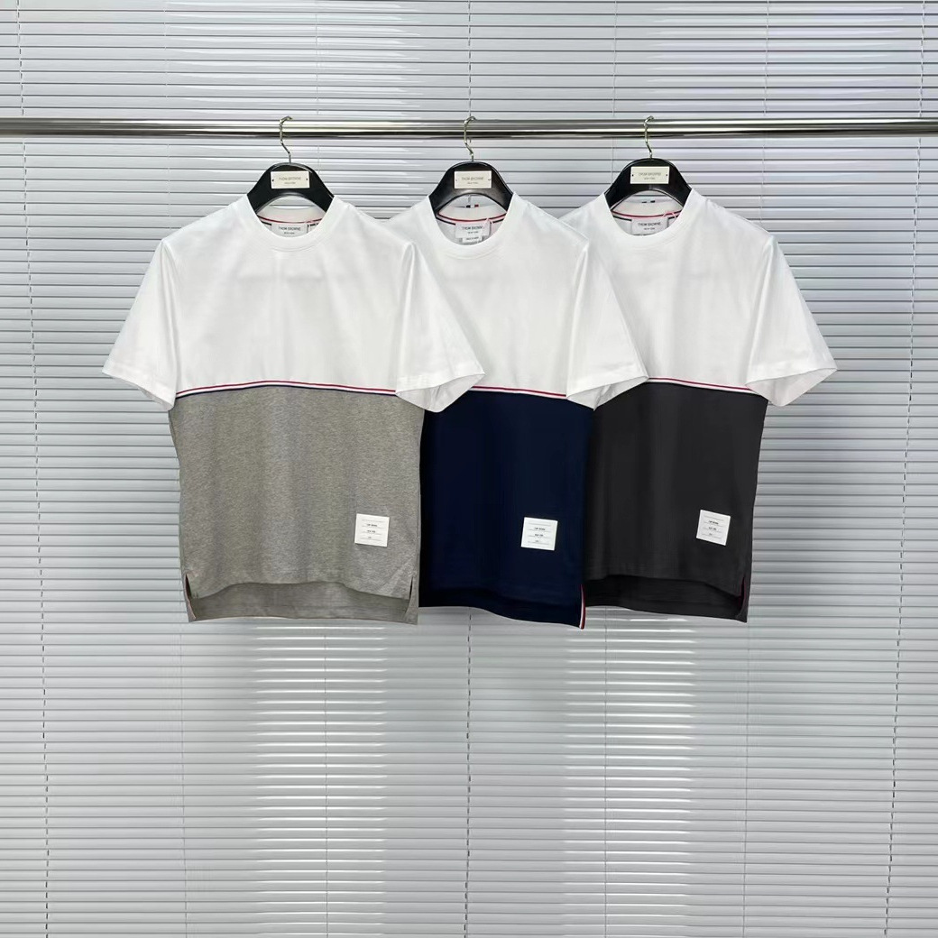 厂家直营 潮牌tb春夏季男女红白蓝条纹双色拼圆领短袖休闲纯棉t恤