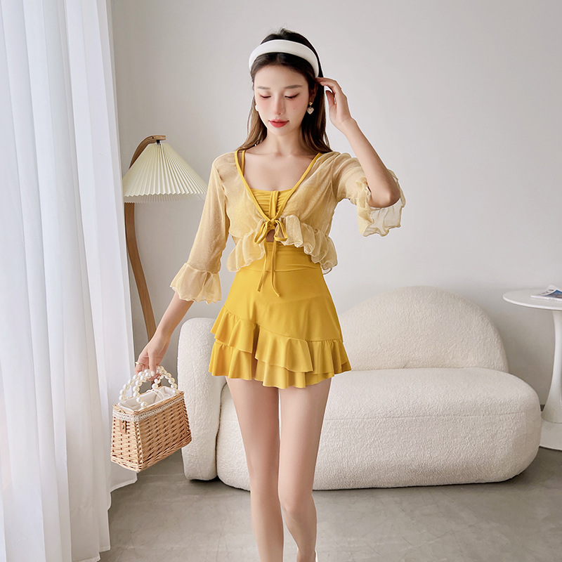 hot spring bathing swimsuit women‘s siamese conservative covering belly thin long sleeve super fairy ins korean skirt small chest suit