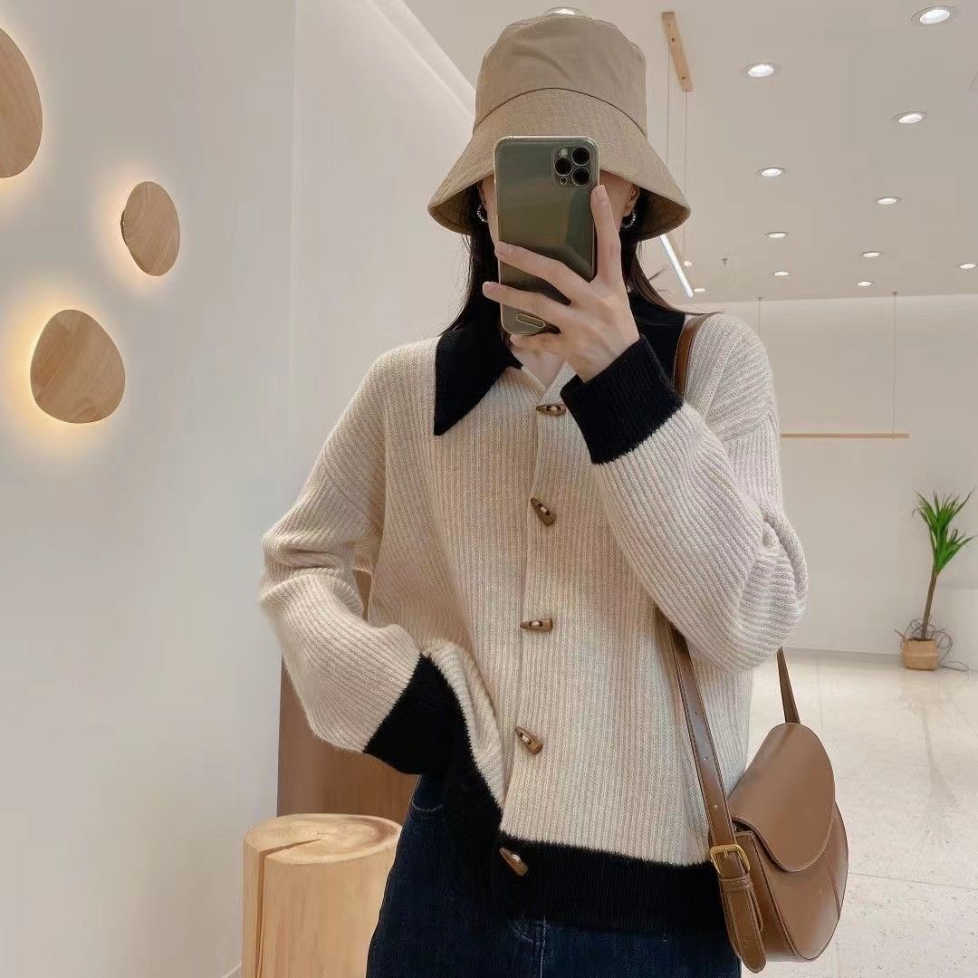 撞色毛衣针织开衫女装2022年秋季新款韩版翻领浅色系百搭长袖毛衣