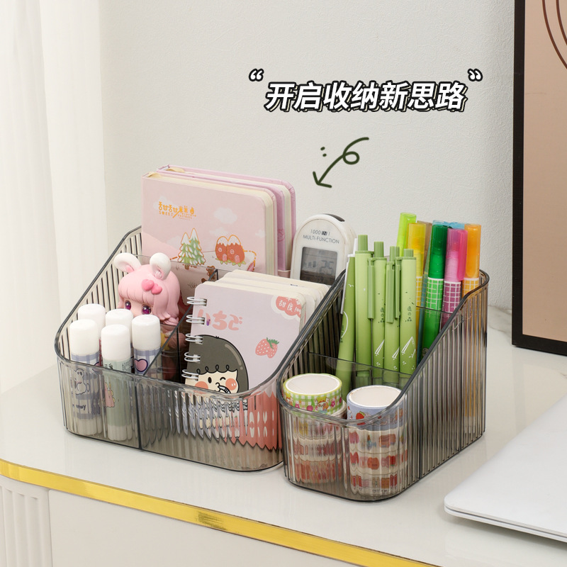 Simple Transparent Storage Box Japanese Style Desktop Cosmetics Organizing Pen Holder Makeup Brush Storage Bucket Light Luxury High-Grade Female