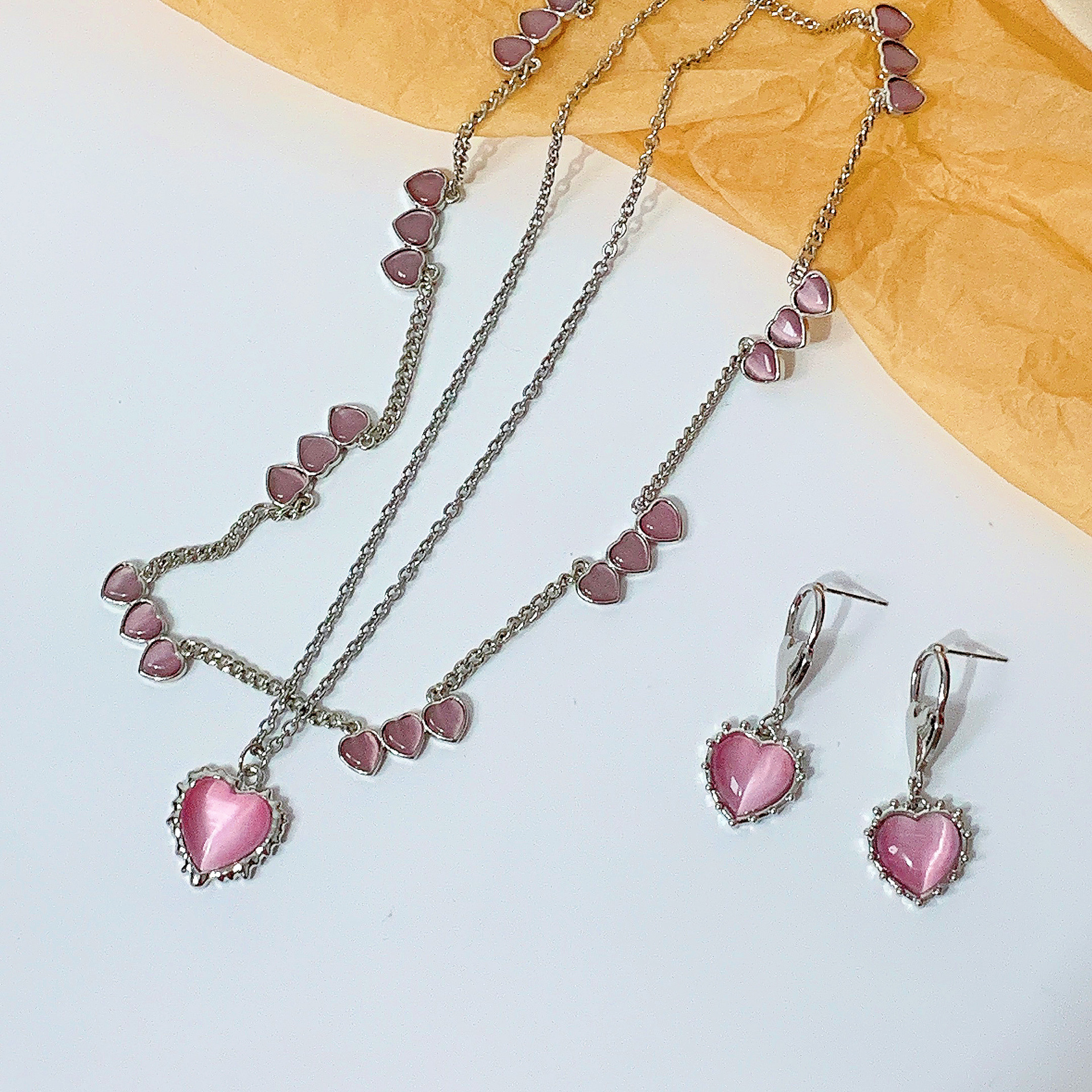 粉色猫眼爱心项链 韩国饰品女孩甜美少女心形耳环锁骨链 叠戴项圈