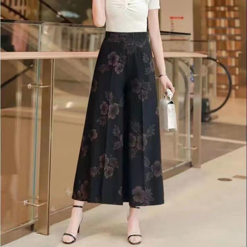Large Size 150.00kg Wide-Leg Pants Women's Mom Clothing Ice Silk Summer New Middle-Aged and Elderly Loose High Waist Slimming Casual Pants