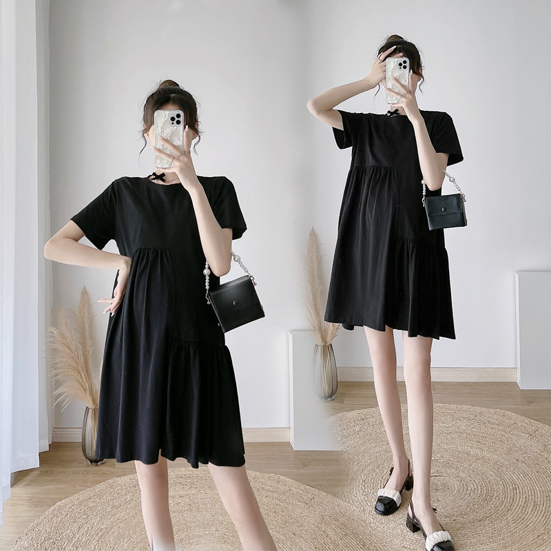 summer new slightly oversized girls solid color mid-length short sleeve dress women‘s korean style loose leisure slimming t-shirt skirt