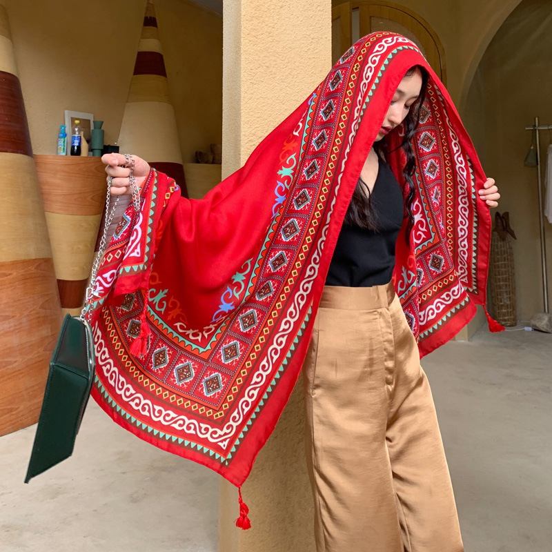 Ethnic Style Shawl Scarf Dual-Use Sun Protection by the Sea Beach Scarf Red Large Gauze Scarf Female Desert Travel Photography Summer