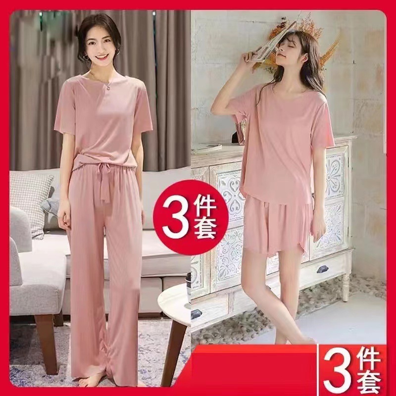 Ice Silk Three-Piece Pajamas Women's Summer New Loose Outfit Casual Short-Sleeved Trousers Fashion Home Wear Can Be Worn outside
