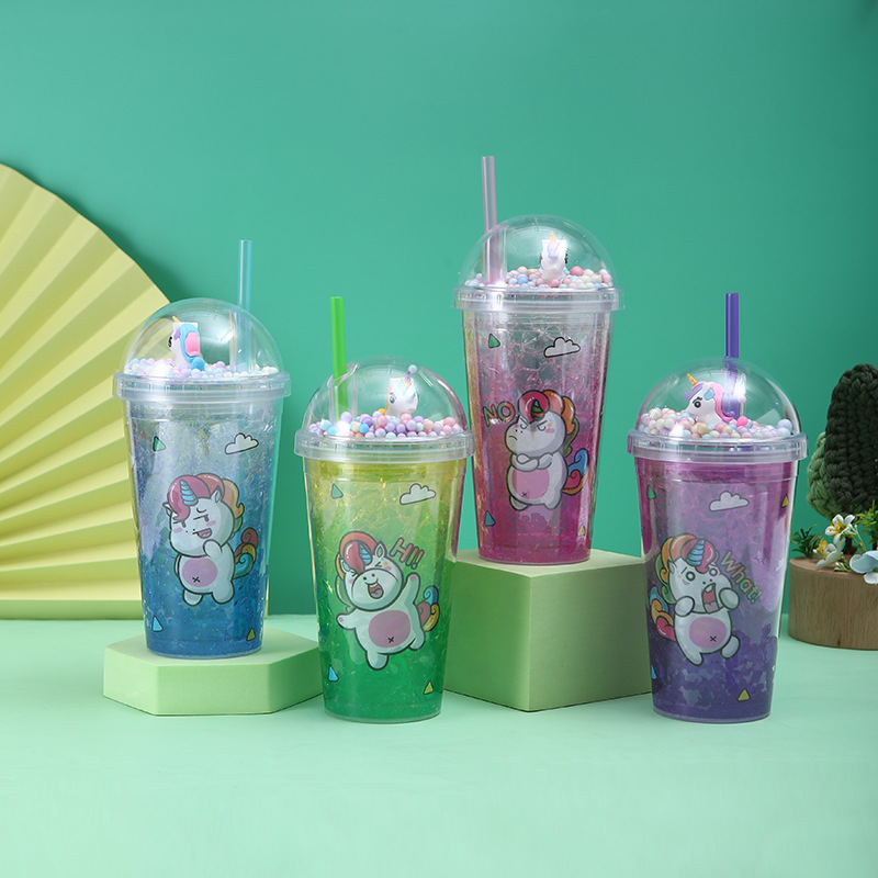 New Unicorn Cup with Straw Creative Ice Crushing Cartoon Drinking Cup Portable Student Plastic Cup Wholesale