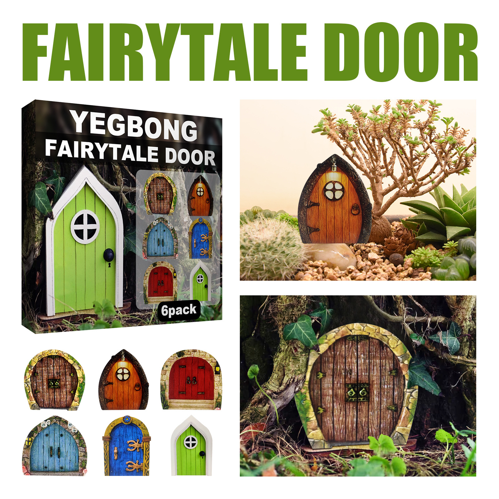 Yegbong Garden Decoration Fairy Tale Door Dwarf Decoration Fairy Tale Door Wooden Miniature Courtyard Tree Decoration