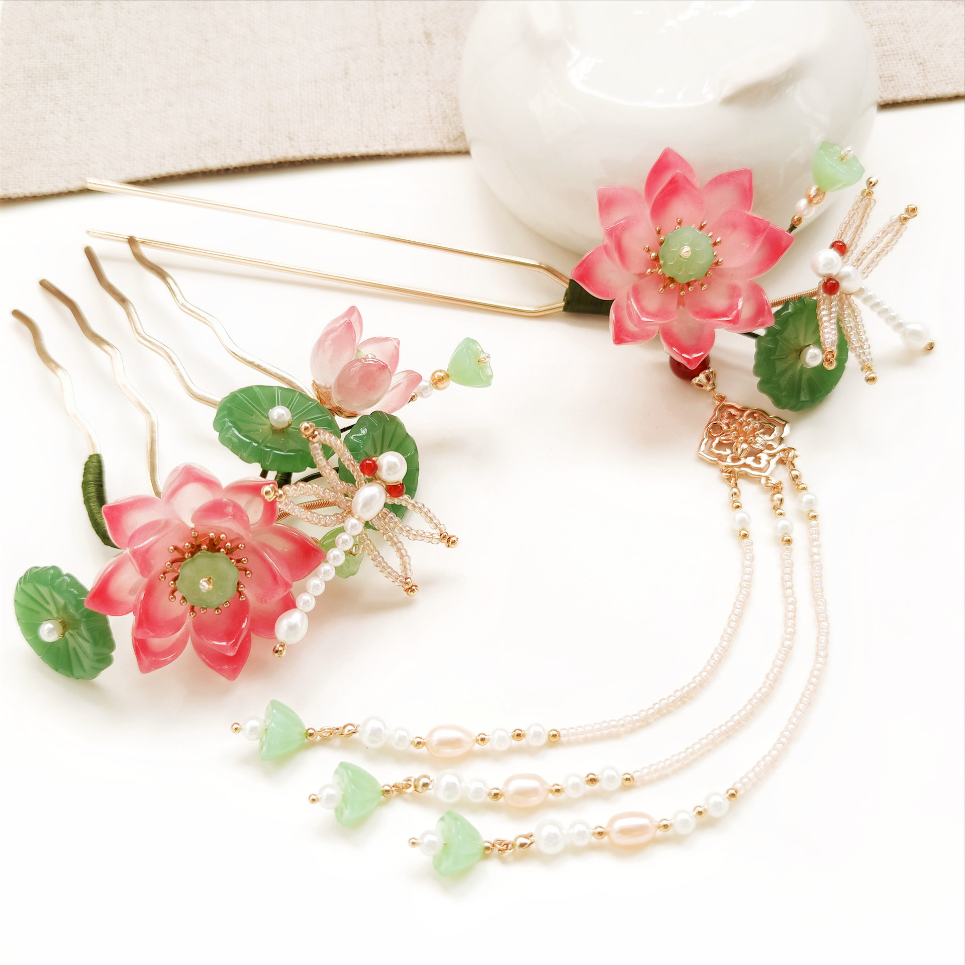 新品上架手工制作汉服发簪古装头饰古风发饰流苏发簪插梳荷花蜻蜓