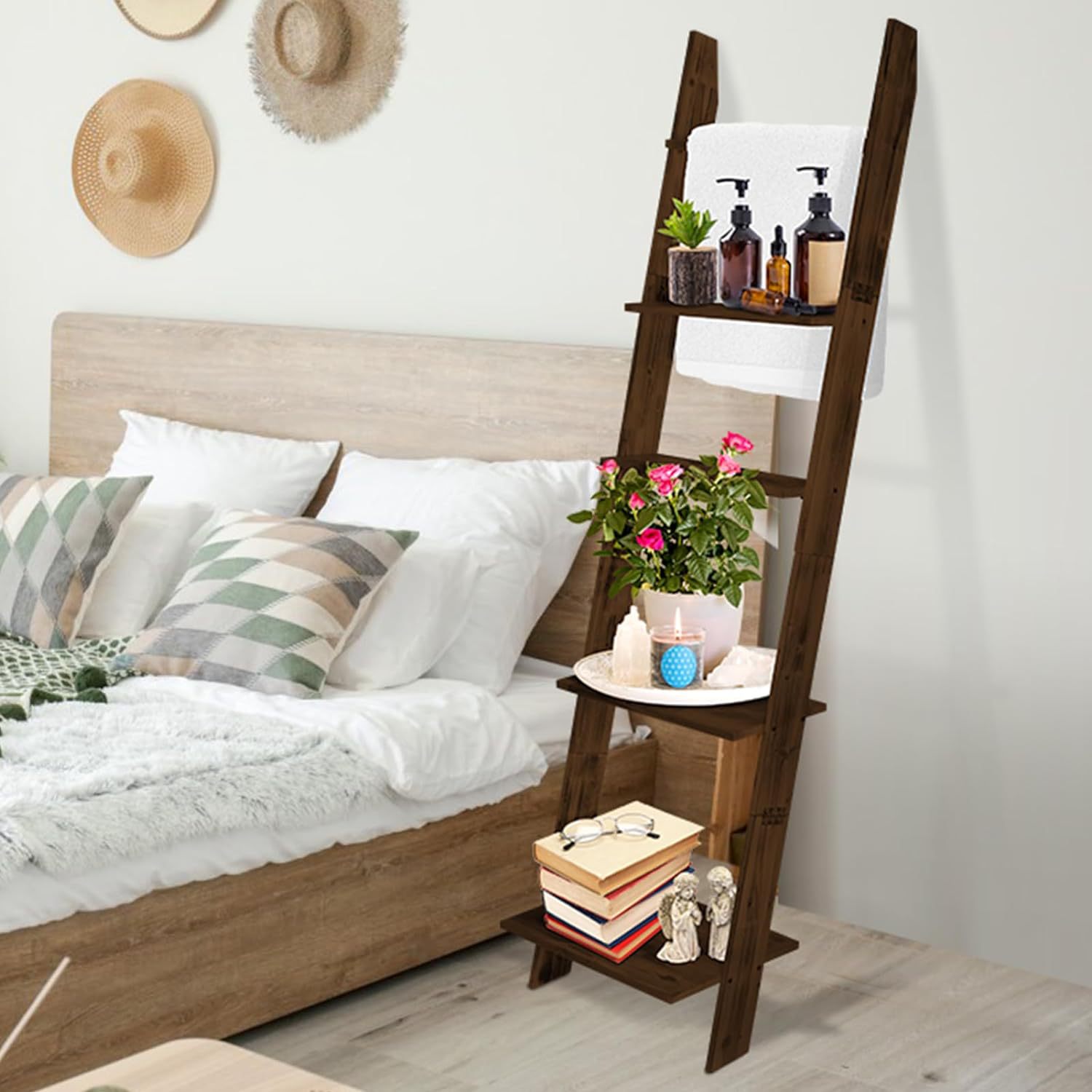 浴室阳台木制梯子毛巾架置物架多层储物架毛毯被子架靠墙装饰木架
