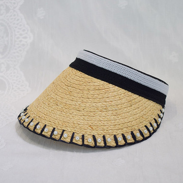 夏天新款时尚珍珠拉菲草帽空顶帽女士简约清新防晒遮阳帽沙滩帽