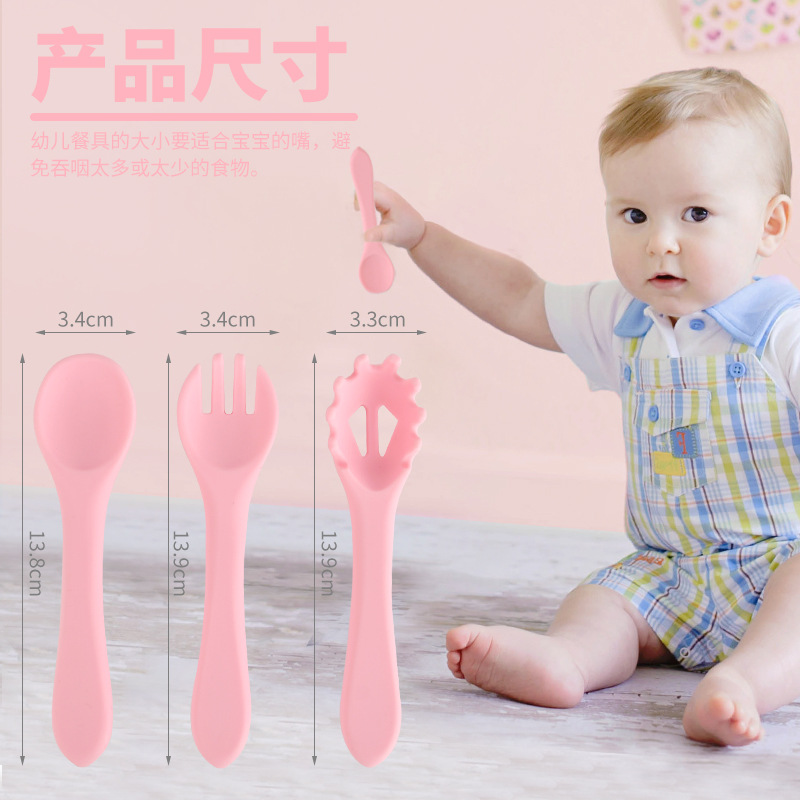 Baby Edible Silicon Soft 3-Piece Forks and Spoons Solid Food Tableware Baby Eat Learning Silicone Fork and Spoon Set