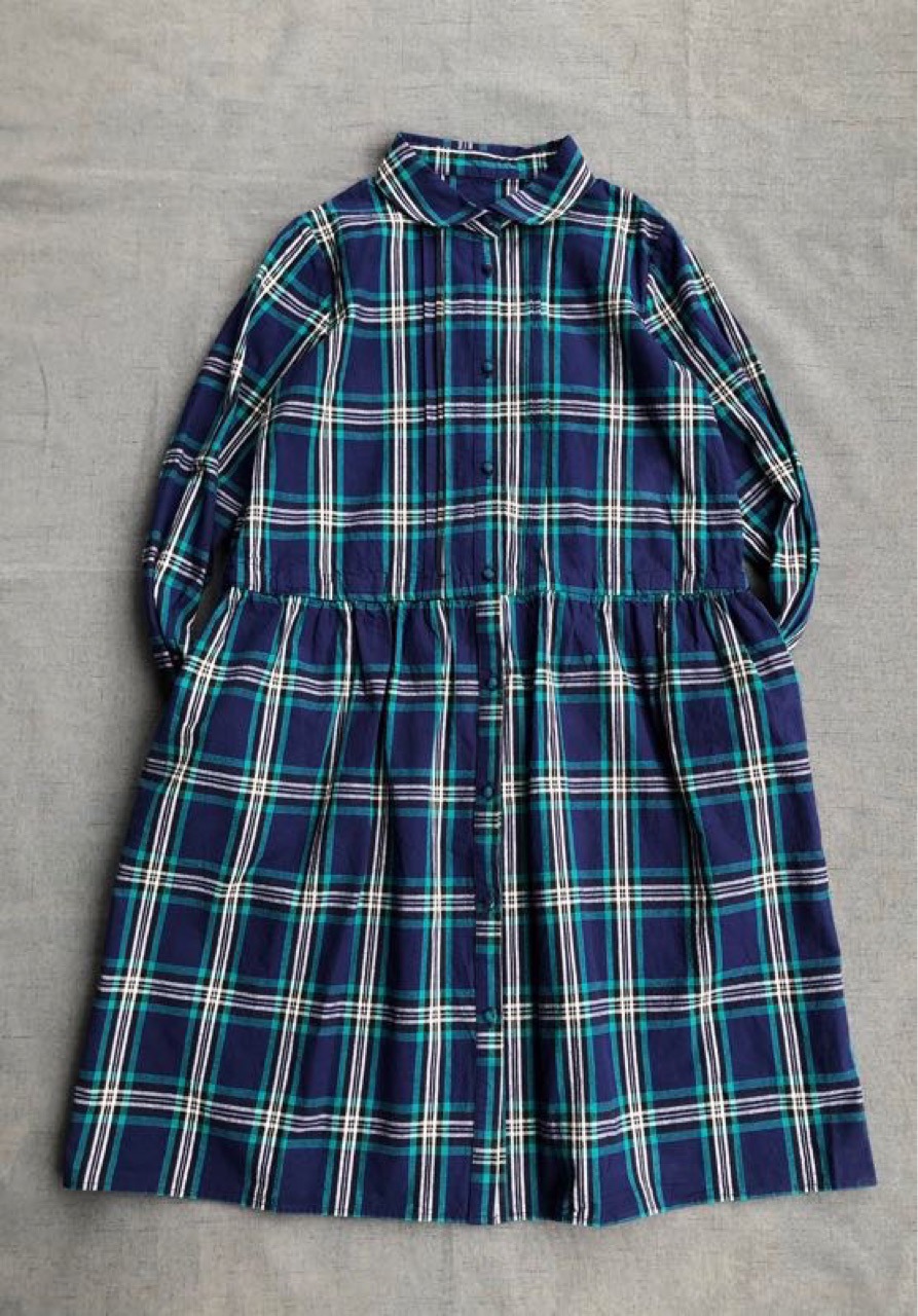 日系包扣蓝绿格子棉布连衣裙女2022春季新款翻领收腰长袖中长裙