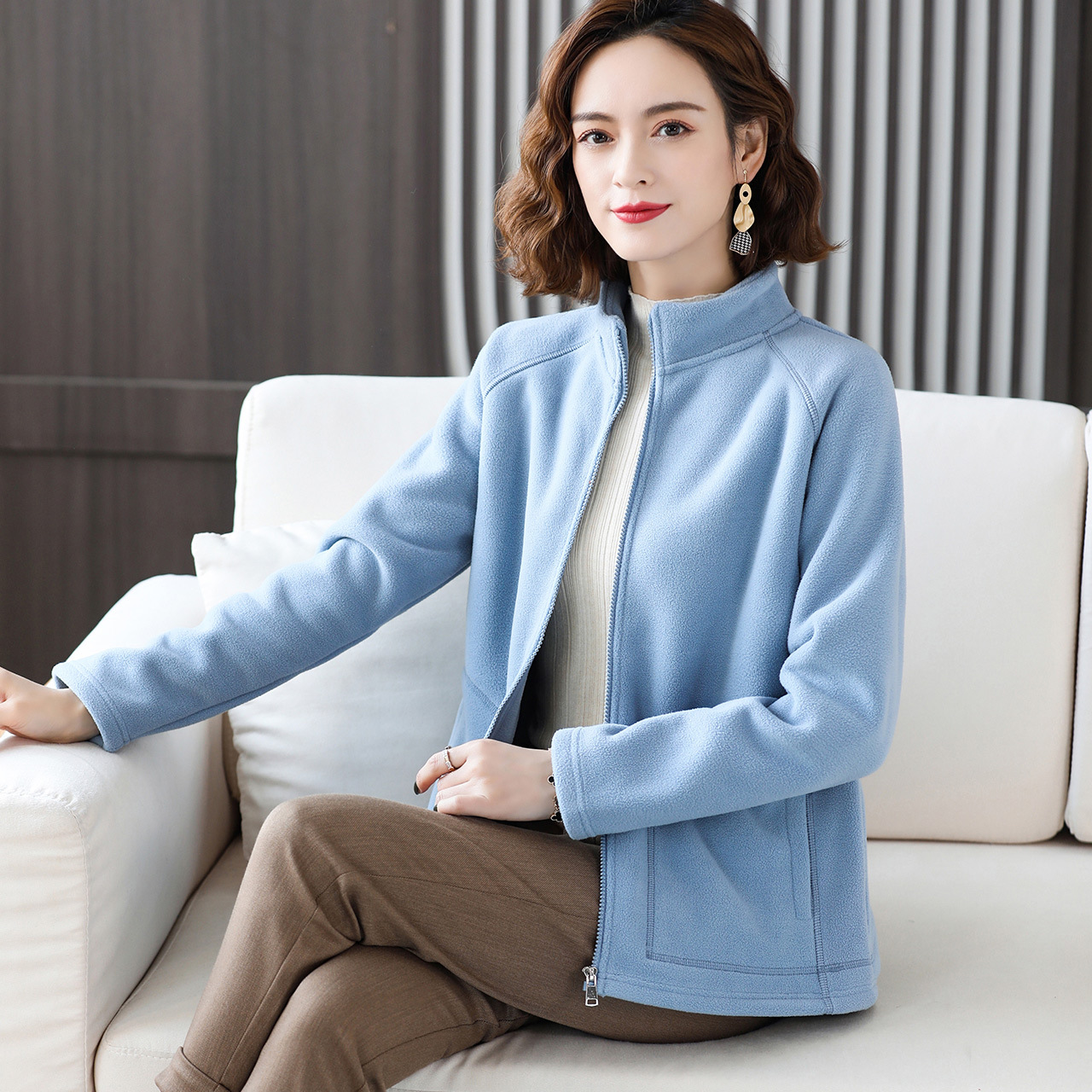 牛角插肩袖摇粒绒拉链外套女加绒加厚立领里绒开衫大码绒衫上衣冬