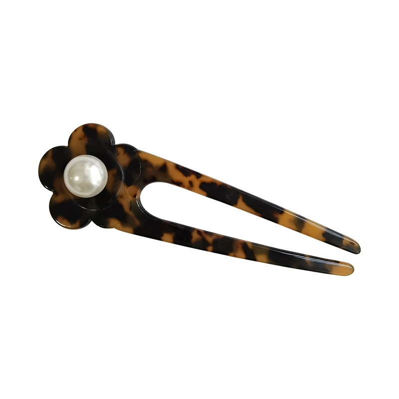 New French Style Elegant Flowers Pearl Hairpin Female Leopard Print Acetate Updo Versatile Bun Temperament Hair Clasp Hair Accessories