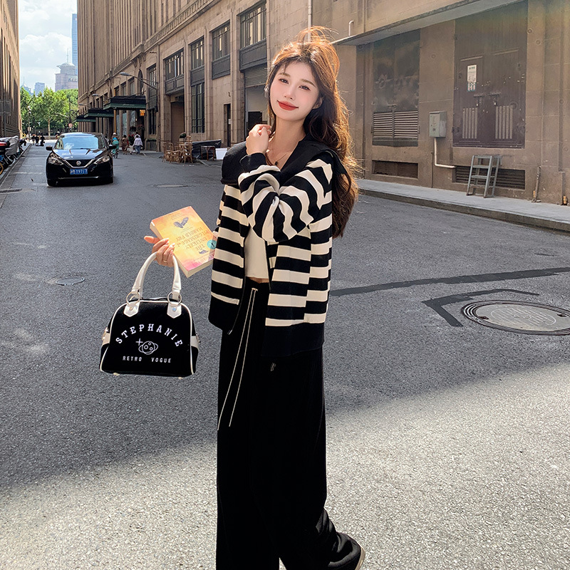 实拍黑白条纹卫衣套装女新款海军领开衫休闲阔腿裤初春穿搭一整套