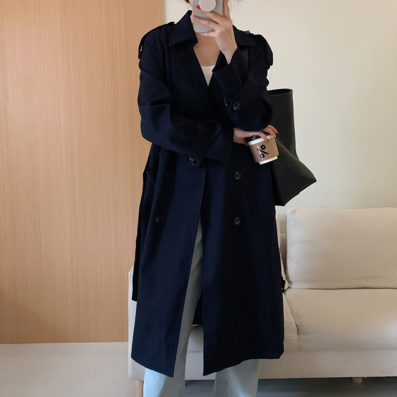 休闲韩版气质风衣女2023新款中长款双排扣腰带春秋外套大衣女藏青
