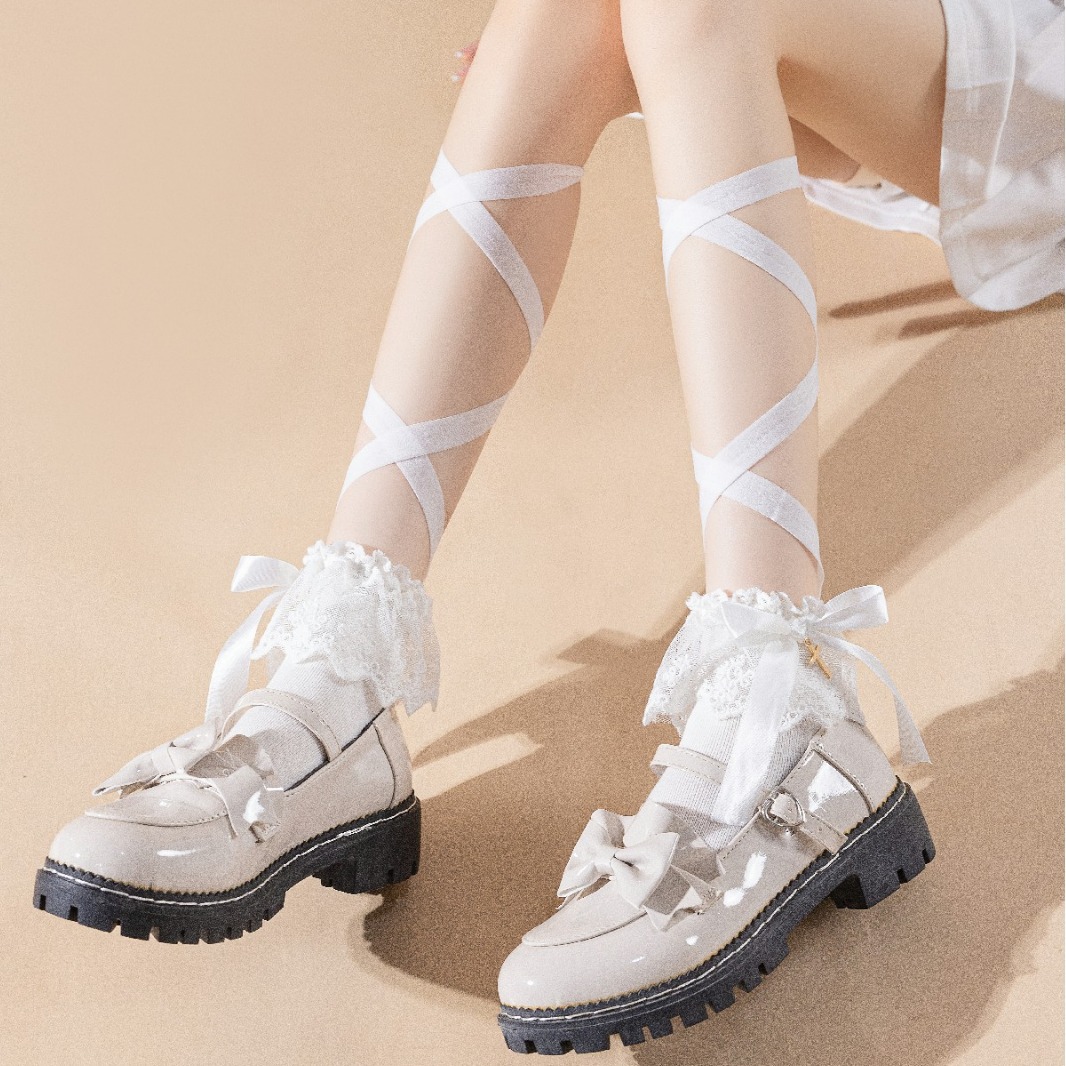 夏季蕾丝花边交叉系带中筒袜韩版时尚潮白色jk小腿绑带袜蝴蝶结薄