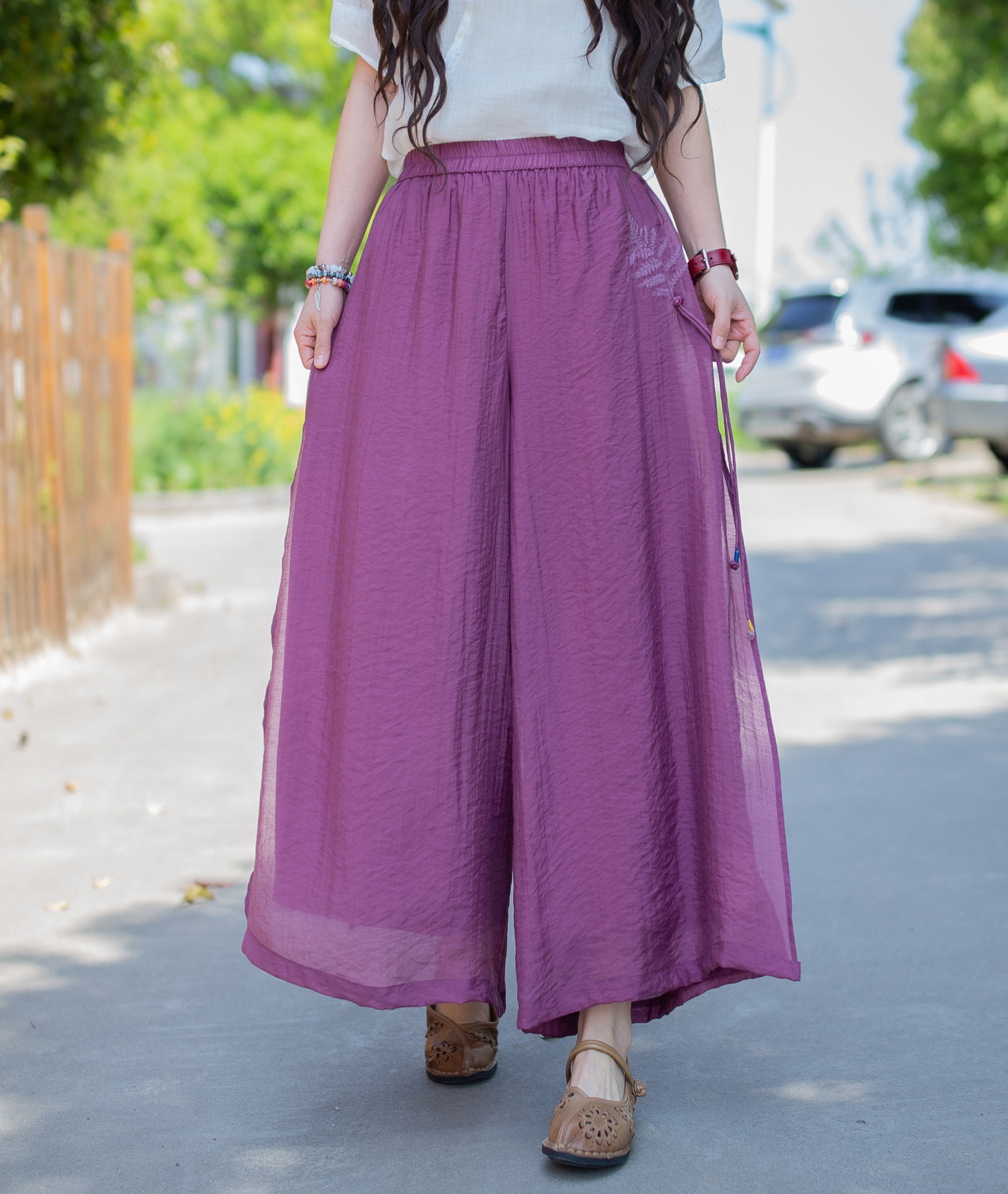 2022春夏季文艺九分裤刺绣宽松双层女式侧开衩阔腿裤21728