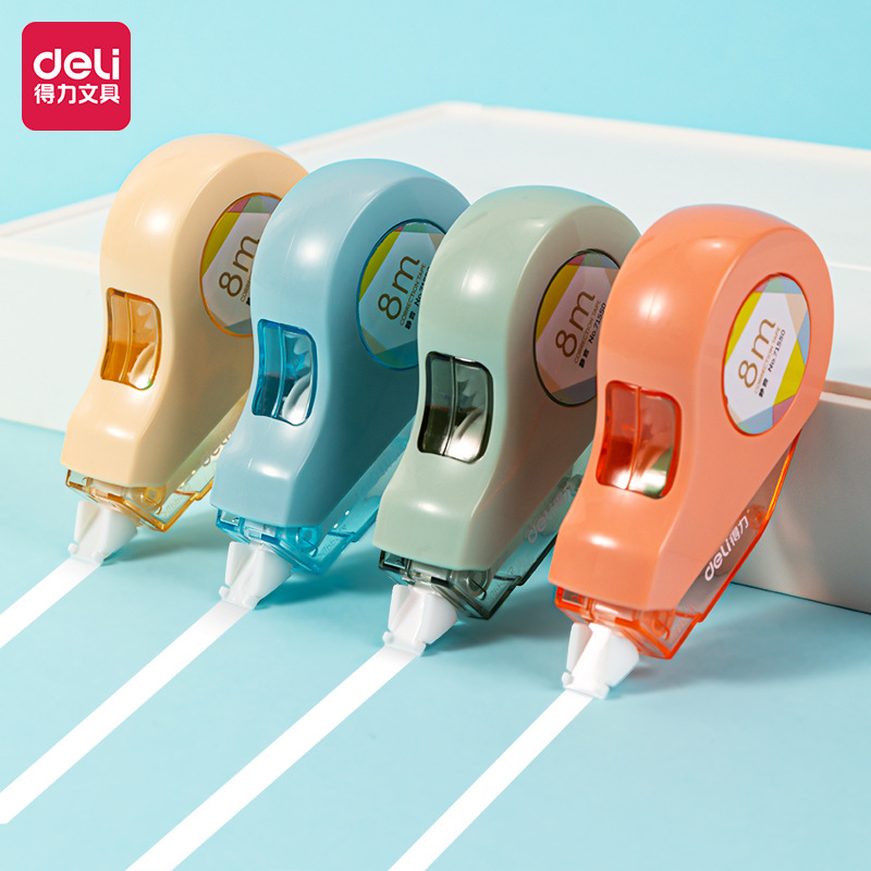 得力71550修正带静音马卡龙色系5mm8米学生透明薄膜白色涂错改带