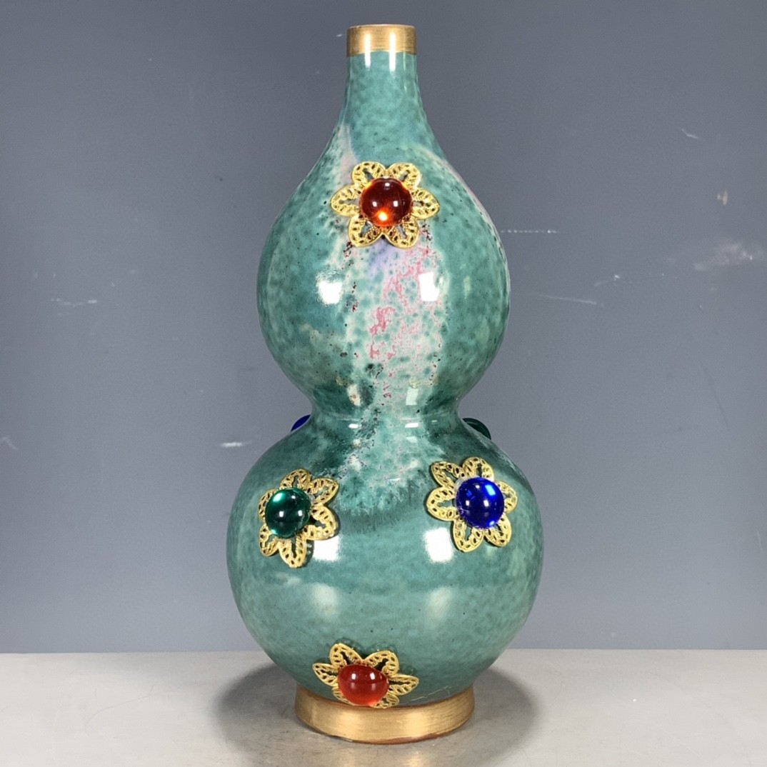 古玩杂项古董旧货海外回流钧瓷卢钧窑变仿古宝石镶嵌葫芦瓶摆件