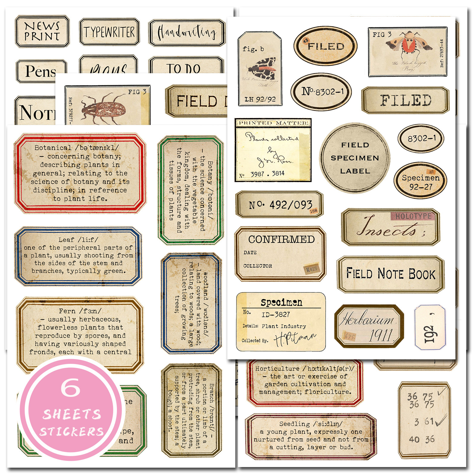 6张复古标签tag手账贴纸装饰素材包junk journal 复古tn标签贴纸