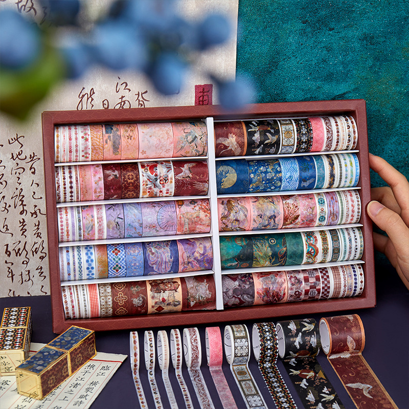100卷新国潮手帐和纸胶带礼盒霓裳笙歌古风插画造景装饰贴纸-阿里巴巴