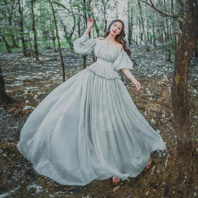 春夏欧式宫廷风一字肩连衣裙夏天森女复古文艺公主旅拍写真长裙仙