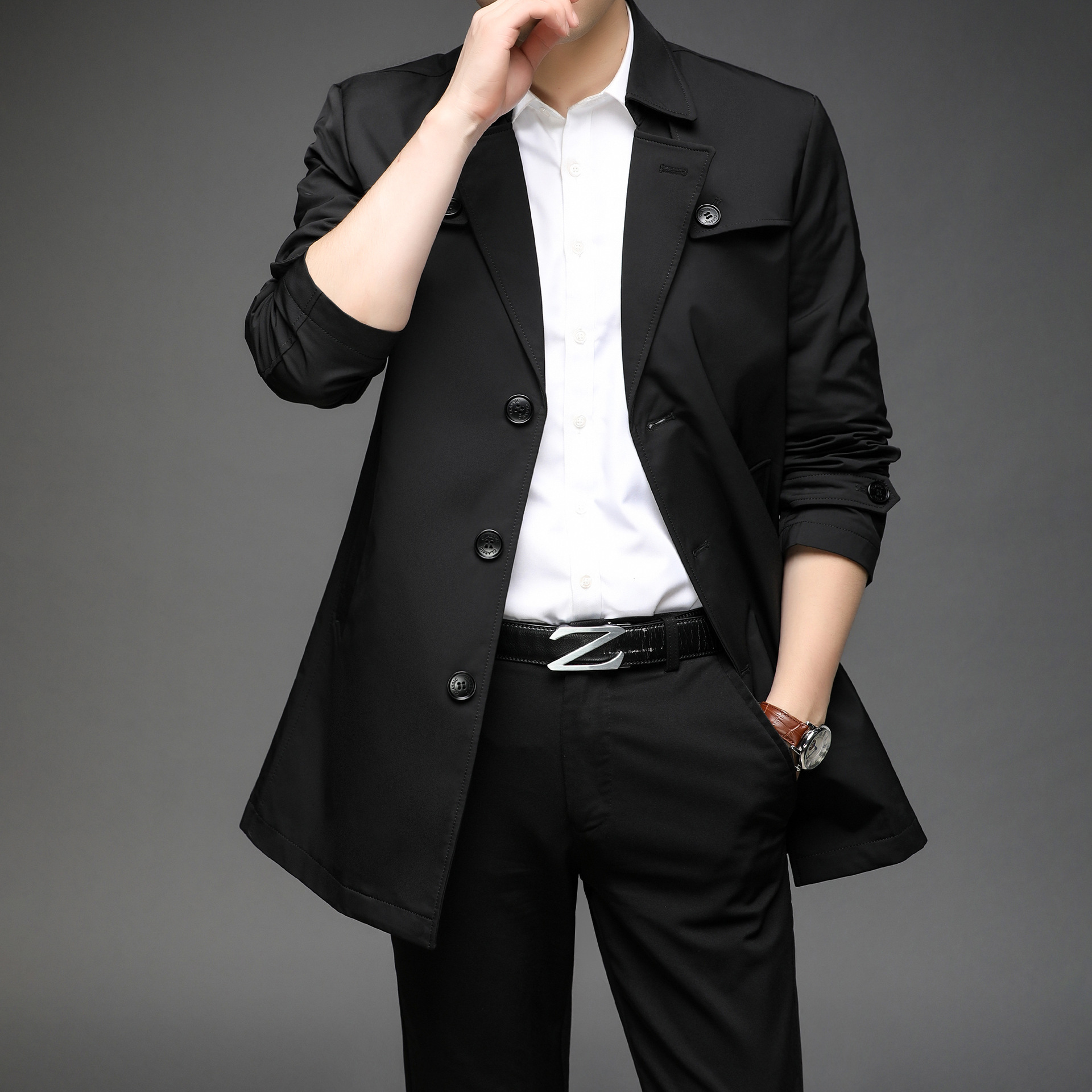 2021春秋风衣西装领新款中年时尚中长款男外套爸爸装大衣源头厂家