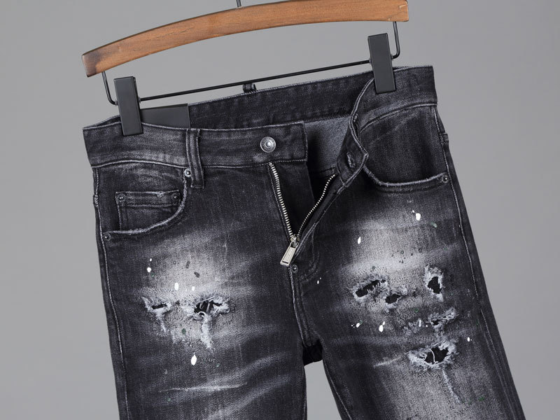 European and American High Street Fashion Holes Men's Jeans Black Gray Micro Elastic Slim Trousers Hong Kong Style Street Fashion Printed Men Fashion Pants