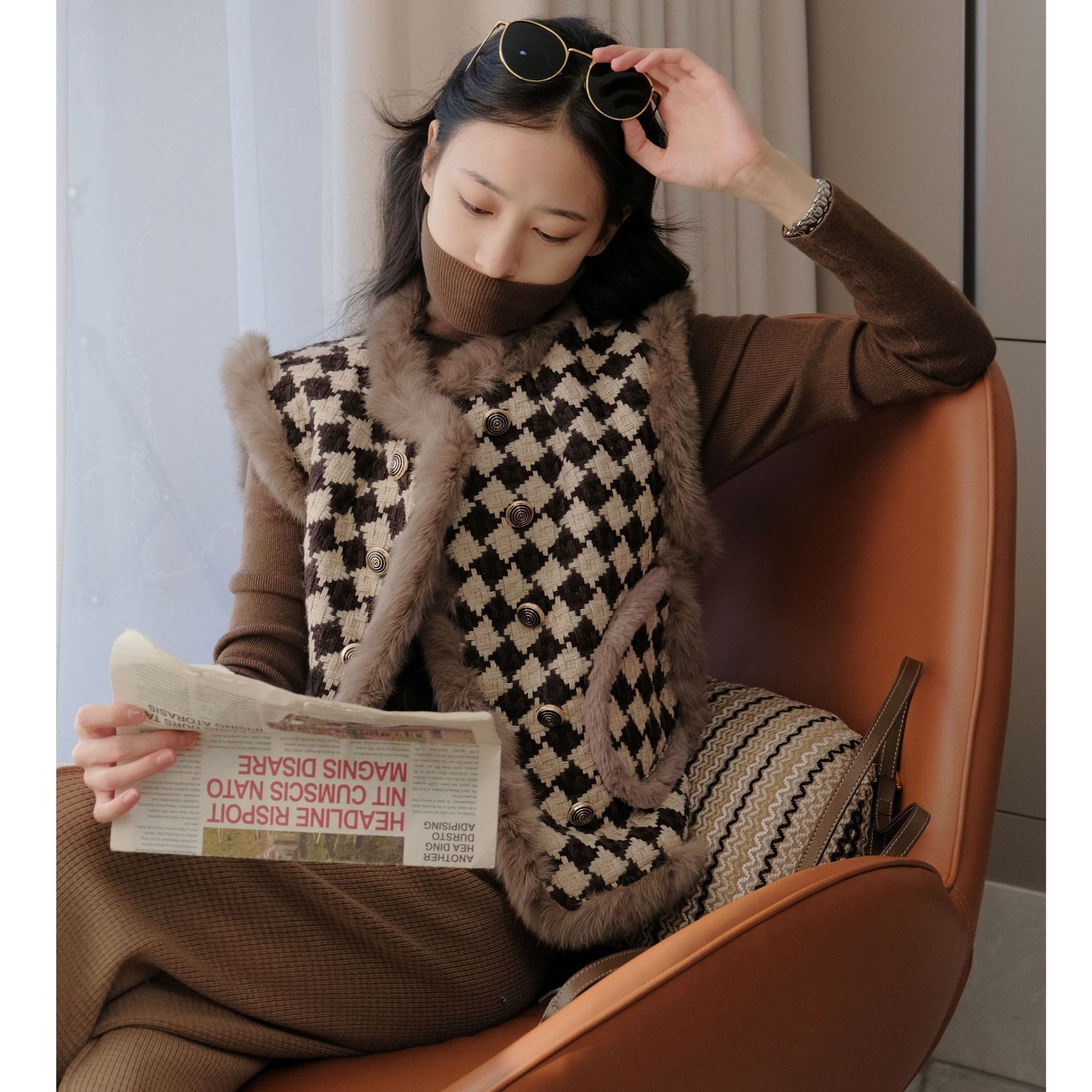 精致千鸟格毛边加绒加厚保暖羊毛呢马甲背心外套女冬-阿里巴巴
