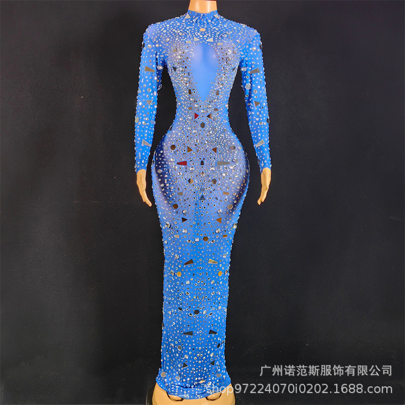 新款宝蓝色显白气质亮片礼裙红毯走秀车展模特舞会才艺表演晚礼服