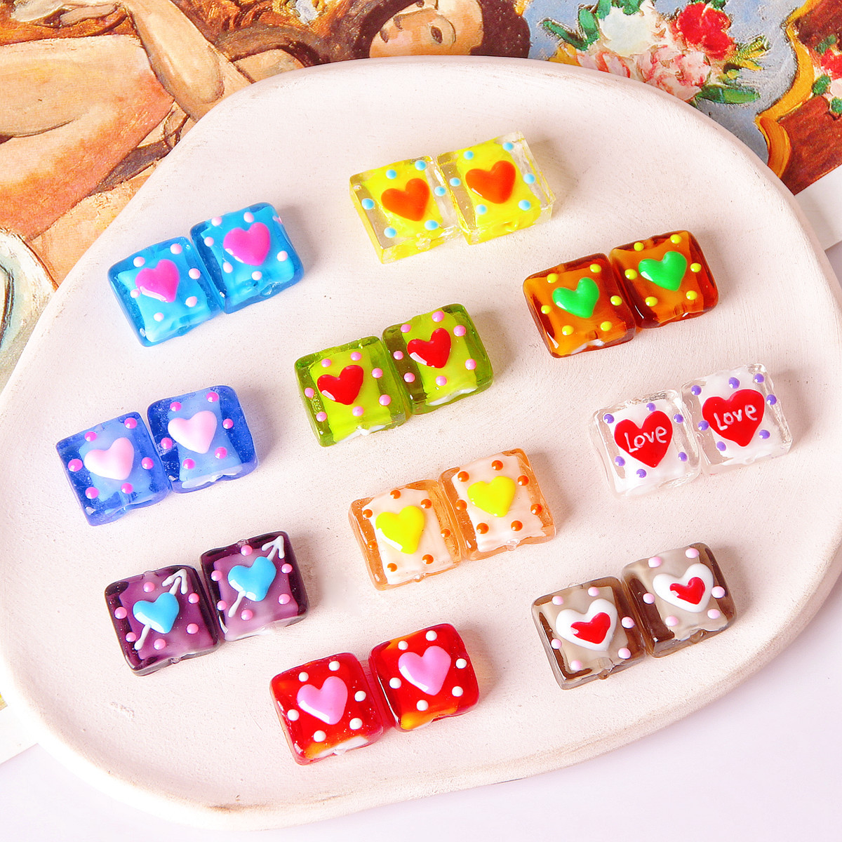 爱心方块块琉璃甜酷串珠手绘彩色diy手链项链配件ins点油彩绘点点