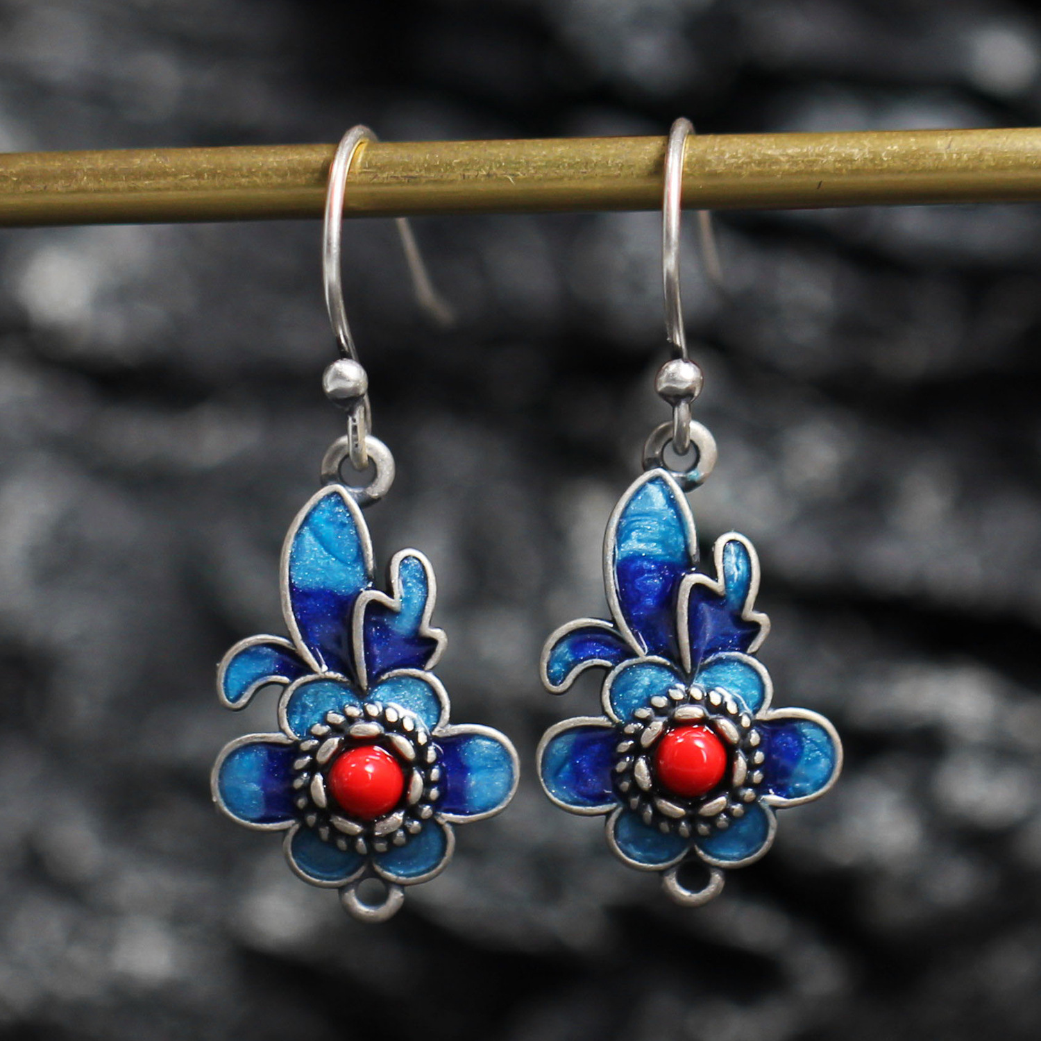 中国风925银景泰蓝耳坠手工diy耳饰品配件纯银复古滴胶工艺耳钩女